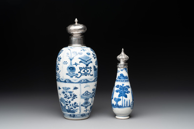Five Chinese blue and white silver-mounted vases, Kangxi