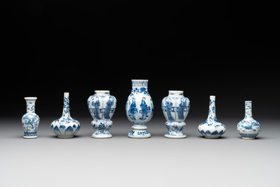 Seven Chinese miniature blue and white vases, Kangxi and later