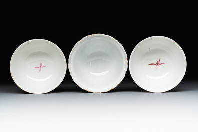 Three fine Chinese Canton famille rose 'mandarin subject' cups and saucers, Qianlong