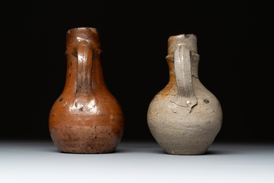 Eight stoneware jugs and mugs, and a glazed pottery vessel, Germany and The Netherlands, 16/17th C.