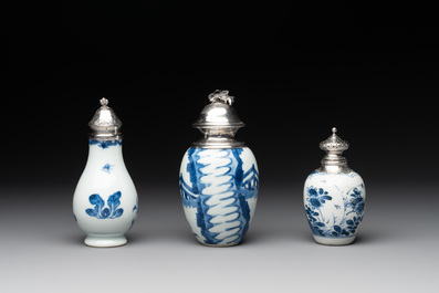 Five Chinese blue and white silver-mounted vases, Kangxi