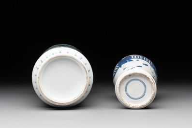 Three Chinese blue and white vases with antiquities, dragons and figures, 19th C.