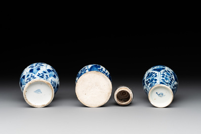 Two Chinese blue and white ewers and three vases, one silver mounted, Kangxi