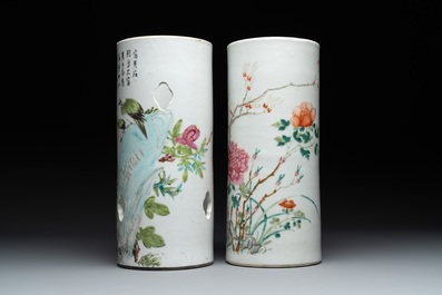 Four Chinese famille rose 'birds and flowers' hat stands, signed Jiang Xiangzong 江湘宗 and Xing Ming 邢明, Tongzhi mark, 19th C.