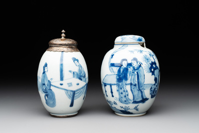 Two Chinese blue and white tea caddies with figural design, one silver mounted, Kangxi