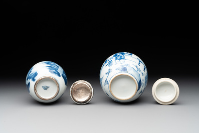 Two Chinese blue and white tea caddies with figural design, one silver mounted, Kangxi