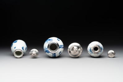 Five Chinese blue and white silver-mounted vases, Kangxi