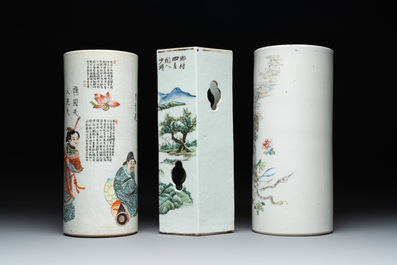 Three Chinese famille rose hat stands with figural design, signed Ao Shaoquan 敖少泉, Shen De Tang 慎德堂 and Tongzhi marks, dated 1910