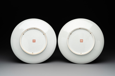 A pair of Chinese famille rose 'Xi Xiang Ji' plates, Qianlong mark, 20th C.