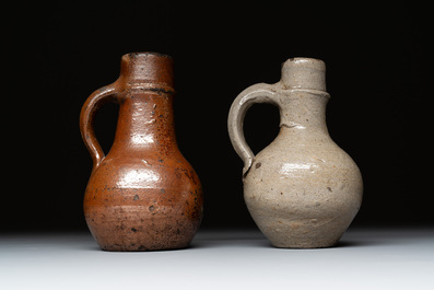 Eight stoneware jugs and mugs, and a glazed pottery vessel, Germany and The Netherlands, 16/17th C.