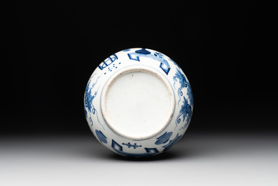 Three Chinese blue and white vases with antiquities, dragons and figures, 19th C.