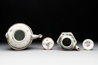 Two Chinese famille rose teapots and a covered cup, including Wu Shuang Pu, signed Tao Yu Xuan陶玉軒, Wan Yu mark, dated 1912 and 19/20th C.