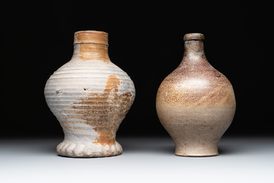 Eight stoneware jugs and mugs, and a glazed pottery vessel, Germany and The Netherlands, 16/17th C.