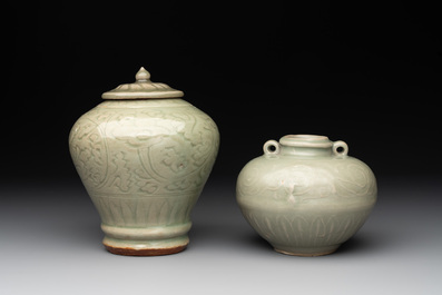Two Chinese Longquan celadon jars with floral design, Ming