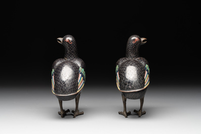A pair of Chinese cloisonn&eacute; quail-shaped incense burners and covers, 19th C.