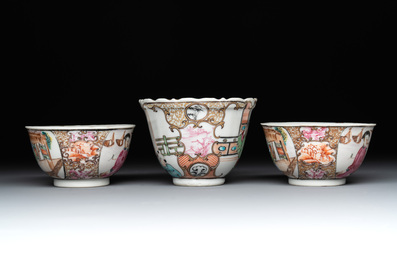 Three fine Chinese Canton famille rose 'mandarin subject' cups and saucers, Qianlong