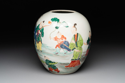 A Chinese famille rose 'ladies and boys' jar with wooden cover and stand, Yongzheng/Qianlong