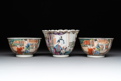 Three fine Chinese Canton famille rose 'mandarin subject' cups and saucers, Qianlong