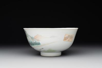 A fine Chinese qianjiang cai 'mountainous river landscape' bowl, signed Cheng Men 程門, Guangxu mark, dated 1887