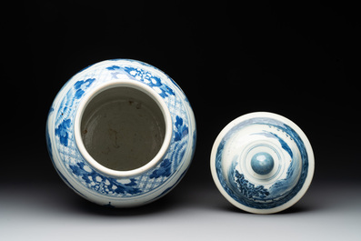 A near pair of Chinese blue and white 'landscape' vases and covers, 19th C.