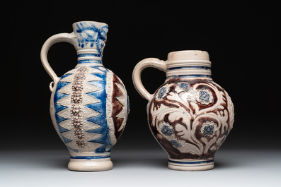 Two Westerwald stoneware jugs, one dated 1715, 18th C.