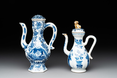 Two Chinese blue and white ewers and three vases, one silver mounted, Kangxi