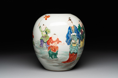 A Chinese famille rose 'ladies and boys' jar with wooden cover and stand, Yongzheng/Qianlong