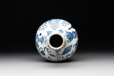 Three Chinese blue and white vases with antiquities, dragons and figures, 19th C.
