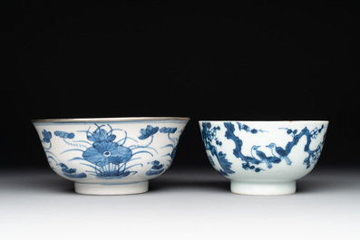 Two Chinese bleu de hue bowls and a plate for the Vietnamese market, Ruo Shen Zhen Cang 若深珍藏 and Chun He 春和 marks, 19th C.