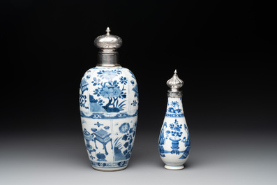 Five Chinese blue and white silver-mounted vases, Kangxi