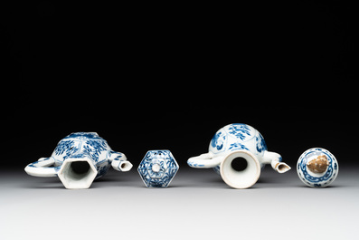 Two Chinese blue and white ewers and three vases, one silver mounted, Kangxi