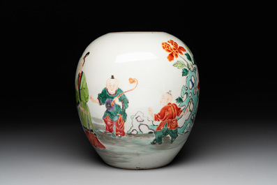 A Chinese famille rose 'ladies and boys' jar with wooden cover and stand, Yongzheng/Qianlong
