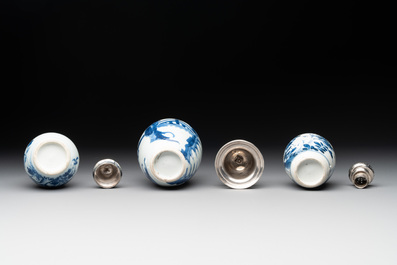 Five Chinese blue and white silver-mounted vases, Kangxi
