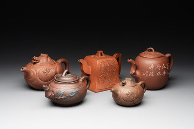 Five Chinese Yixing stoneware teapots, 19/20th C.