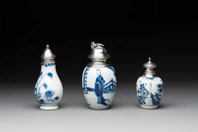 Five Chinese blue and white silver-mounted vases, Kangxi