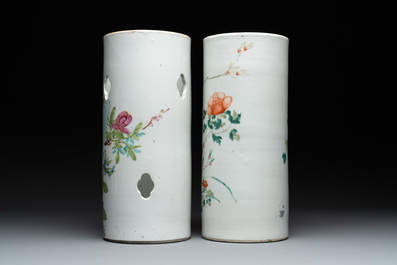 Four Chinese famille rose 'birds and flowers' hat stands, signed Jiang Xiangzong 江湘宗 and Xing Ming 邢明, Tongzhi mark, 19th C.