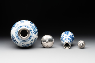 Five Chinese blue and white silver-mounted vases, Kangxi