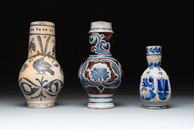 Three Westerwald stoneware jugs, 18th C.