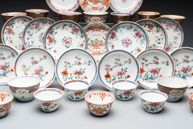35 Chinese famille rose and Dutch-decorated cups and saucers, Yongzheng/Qianlong
