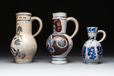 Three Westerwald stoneware jugs, 18th C.