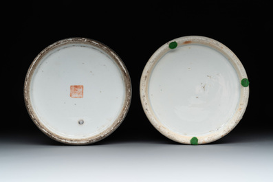Four Chinese famille rose 'birds and flowers' hat stands, signed Jiang Xiangzong 江湘宗 and Xing Ming 邢明, Tongzhi mark, 19th C.
