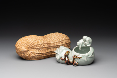 A Chinese celadon-glazed brush washer and a peanut nesting box, 20th C.