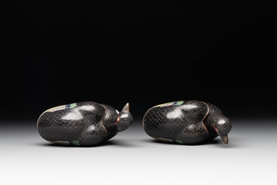 A pair of Chinese cloisonn&eacute; quail-shaped incense burners and covers, 19th C.