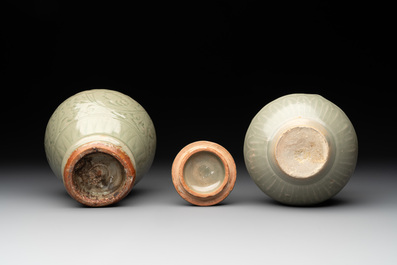 Two Chinese Longquan celadon jars with floral design, Ming
