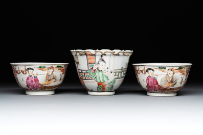 Three fine Chinese Canton famille rose 'mandarin subject' cups and saucers, Qianlong