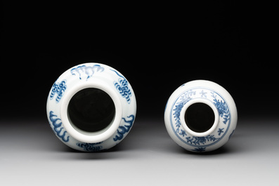 Three Chinese blue and white vases with antiquities, dragons and figures, 19th C.