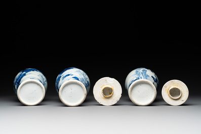 Three Chinese blue and white 'river landscape' vases and covers, Kangxi