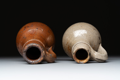 Eight stoneware jugs and mugs, and a glazed pottery vessel, Germany and The Netherlands, 16/17th C.