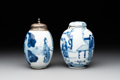 Two Chinese blue and white tea caddies with figural design, one silver mounted, Kangxi