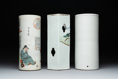 Three Chinese famille rose hat stands with figural design, signed Ao Shaoquan 敖少泉, Shen De Tang 慎德堂 and Tongzhi marks, dated 1910